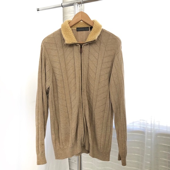 Oscar de la Renta Other - Oscar De La Renta Beige Zip Up Cable Knit Sweater with Fleece Collar